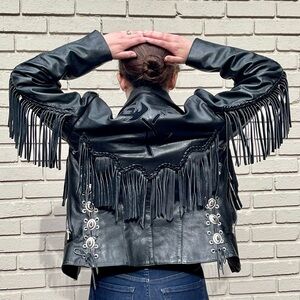 VINTAGE ALCATRAZ BLACK LEATHER FRINGE BRAIDED CONCHO ZIP ROCKSTAR LEATHER JACKET